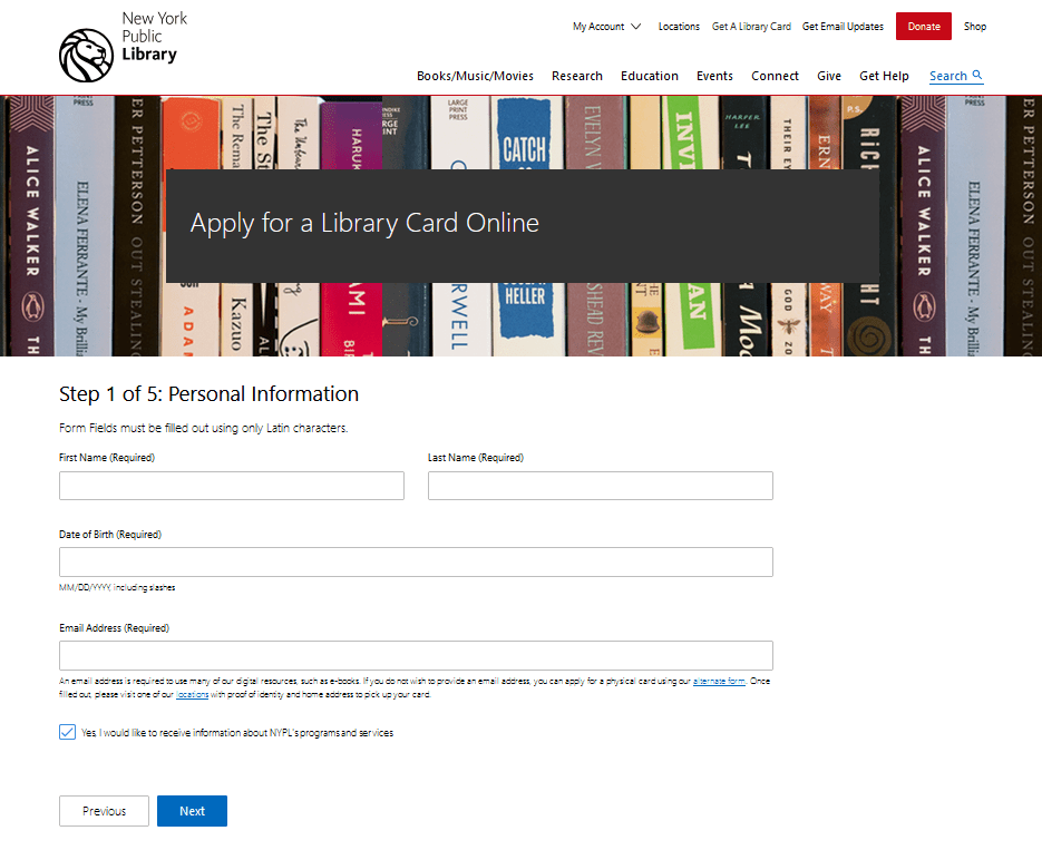 New York Public Library Web-based Library Card&nbsp;Application